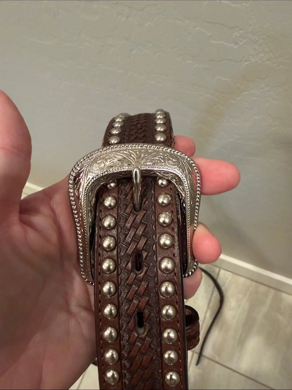 Men's Brown Studded Braided Leather Belt with Decorative Silver Buckle
